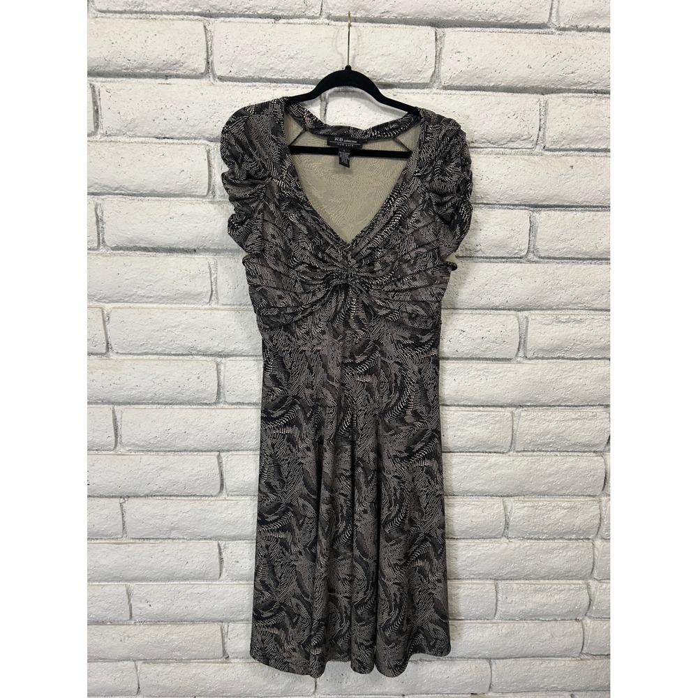 RB Collection New York Black White Abstract Dot Ruched Cap Sleeve Midi Dress L
